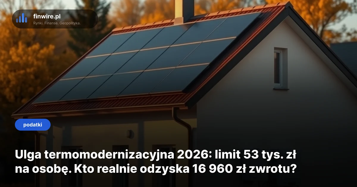 Ulga termomodernizacyjna 2026: limit 53 tys. zł na osobę. Kto realnie odzyska 16 960 zł zwrotu?